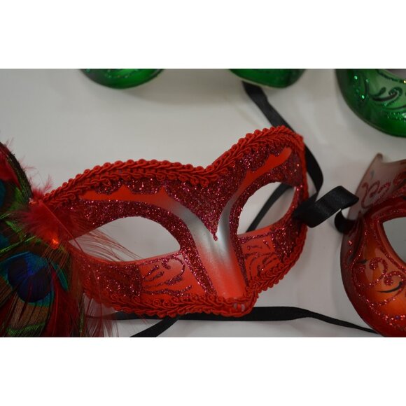 Masquerade Ball Mask Lot of 4 Red Green Glitter Peacock Feathers Plastic - Picture 5 of 9